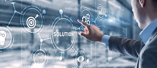 Solution. Businessman pressing on touch screen interface inscription Solutions. Business concept....