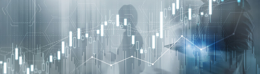 Stock Market on cityscape and silhouettes people background.