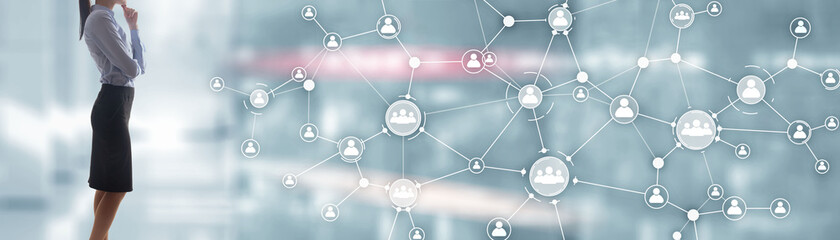 Fototapeta premium Social media icon people. Communication background. Universal elongated background for the site.