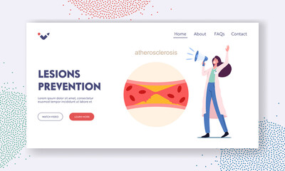 Atherosclerosis Health Care Landing Page Template. Tiny Medic Character Yell to Megaphone near Huge Blood Vessel