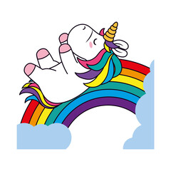 cute unicorn lying on a rainbow, line and fill style