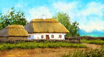 Oil paintings rural landscape, village in Ukraine, old house in the countryside. Fine art.