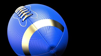 Blue-Gold American football standard ball under black background. 3D illustration. 3D high quality rendering. 3D CG.