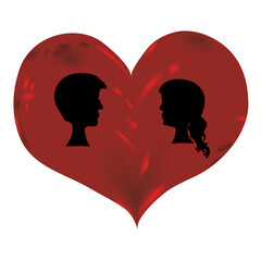 Silhouettes of loving man and woman in heart. Illustration in white background with place for text in vector.
