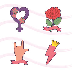 red rose and girl power icon set, flat style