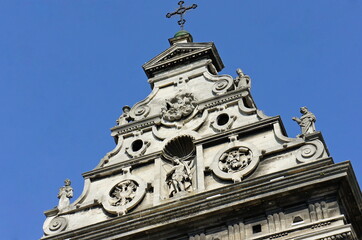 old Catholic Church. the upper part of the facade of the Catholic church. medieval architecture....