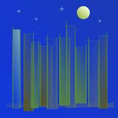 Abstract night time city skyline in blue, green and brown, on a blue background