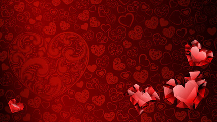 Background of big, small and several crystal hearts in red colors. Illustration on Valentine Day