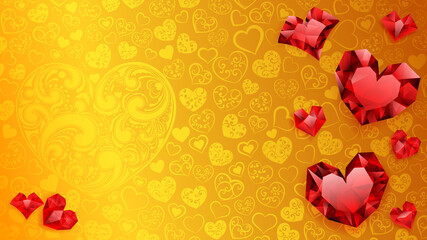 Background of big, small and several crystal hearts, red on yellow. Illustration on Valentine Day