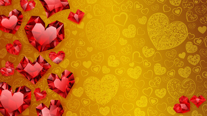 Background of big, small and several crystal hearts, red on yellow. Illustration on Valentine Day