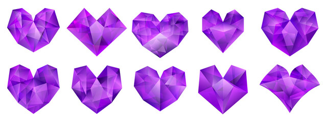 Set of purple hearts of various shape made of crystals