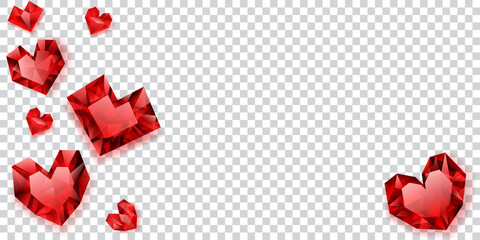Illustration of red hearts made of crystals witn shadows on transparent background