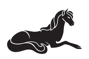 Obraz premium Magic unicorn. Vector animal illustration of foal, black silhouette of lying horse for tattoo isolated on white background