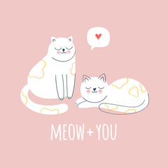 Cute cats romantic greeting card on pink background with text. Meow+you.