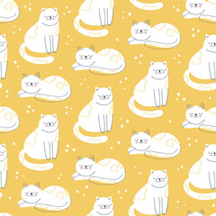 Seamless pattern with cute white cats and dots on yellow background.