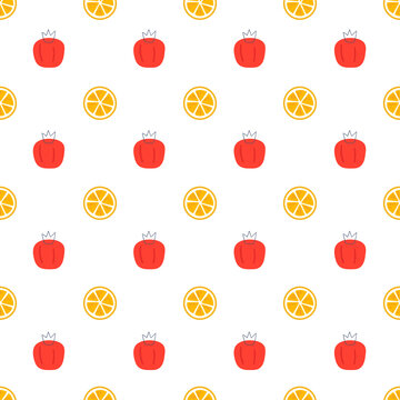 Seamless pattern background with pomegranates and oranges on white background.