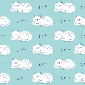 Seamless pattern with cute sleeping cats and zzz sign on blue background.