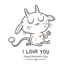 Valentine's day card with cute cartoon imp. Greeting print with doodle funny animal. Line art poster for children. Vector holiday illustration.