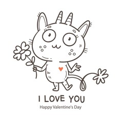 Valentine's day card with cute cartoon imp. Greeting print with doodle funny animal. Line art poster for children. Vector holiday illustration.