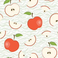 Cute vector seamless pattern with red apples on pastel green wavy brush strokes background. Fresh fruits texture for textile, wrapping paper, surface, wallpaper design