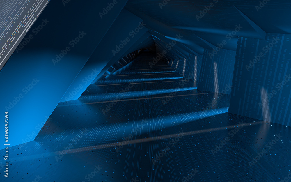Poster empty tunnel with technology lines, 3d rendering.