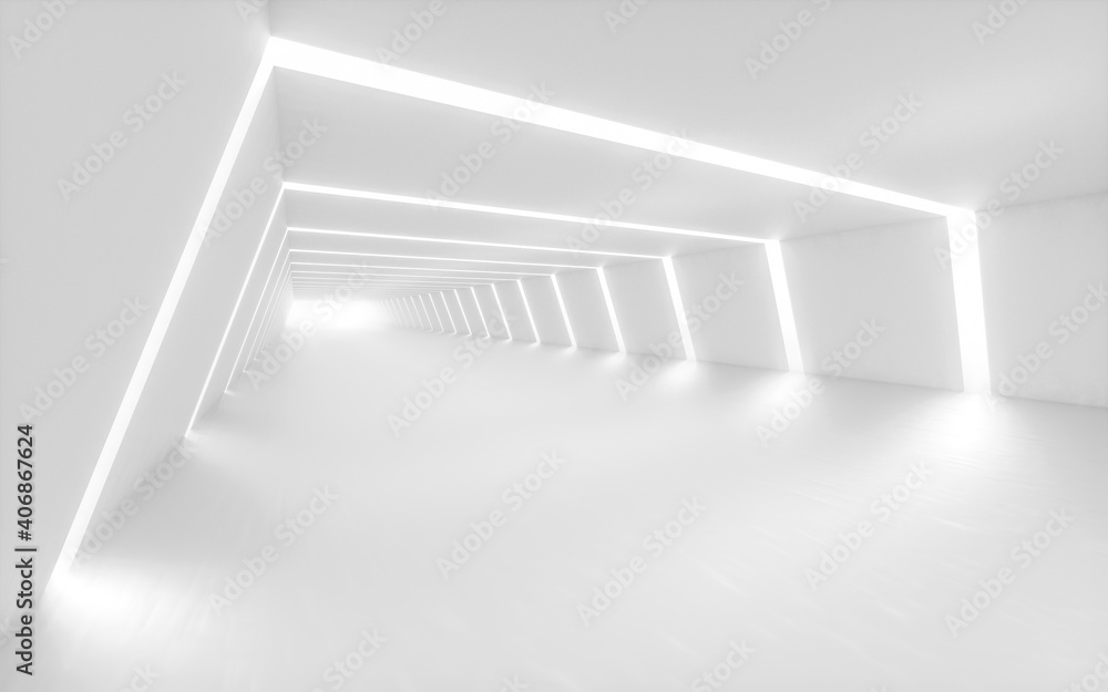 Poster white tunnel with light in the end, 3d rendering.