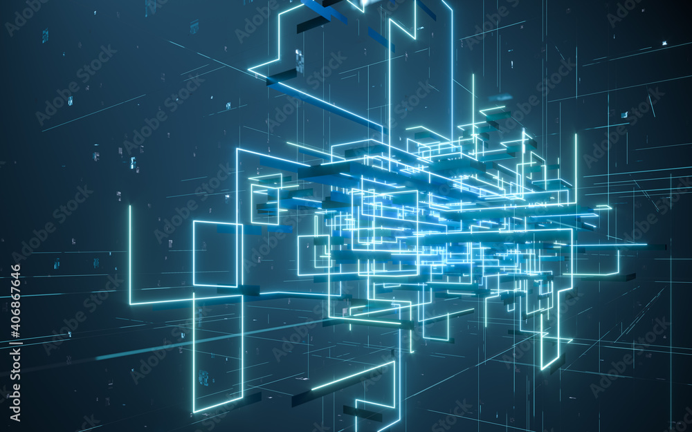 Poster glowing electronics lines with circuit structure, 3d rendering.