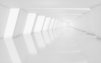 White tunnel with light from the left, 3d rendering.