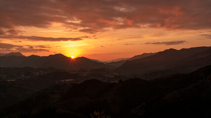 朝日、高千穂峡、山、宮崎、冬