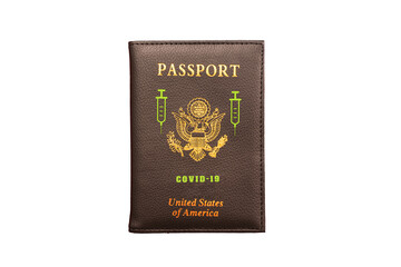 Composition illustrating the new passport in USA for travellers  vaccinated against covid, isolated on white background.
