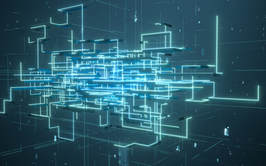 Glowing electronics lines with circuit structure, 3d rendering.