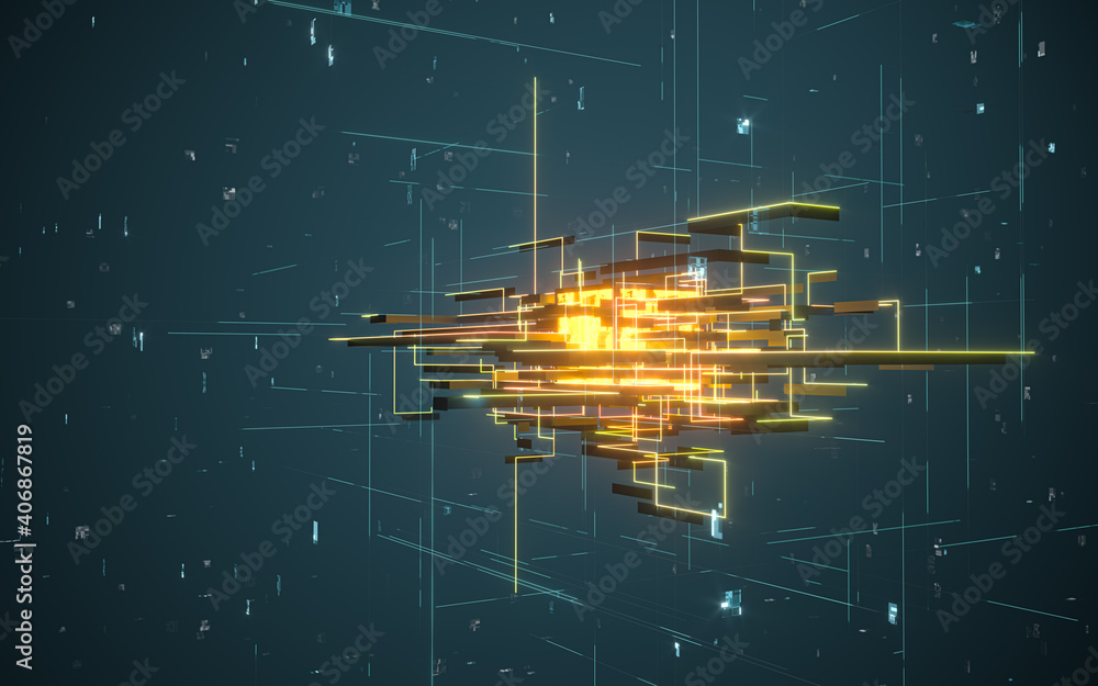 Poster glowing electronics lines with circuit structure, 3d rendering.