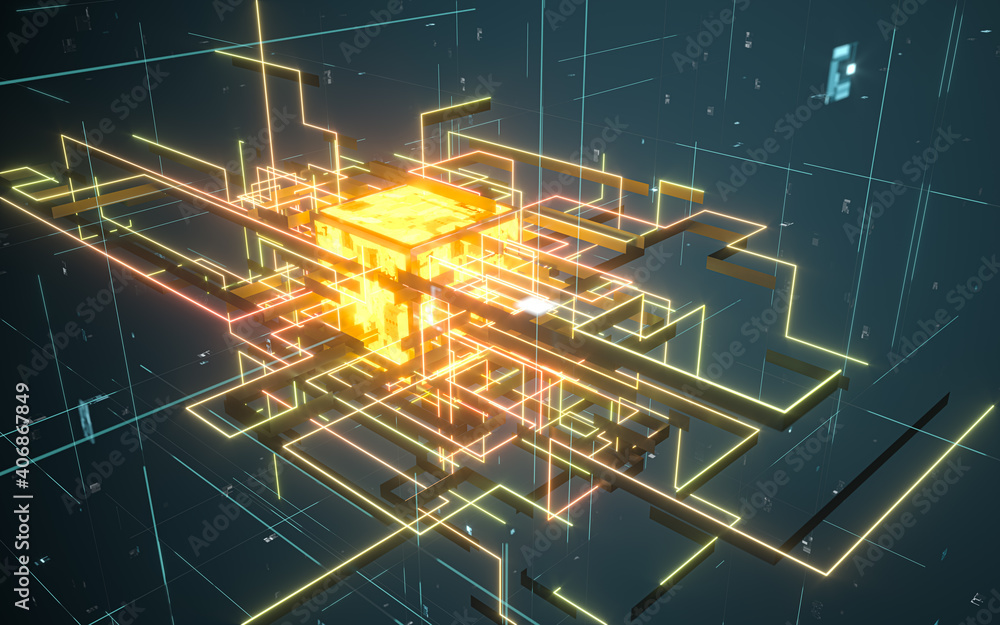 Poster glowing electronics lines with circuit structure, 3d rendering.