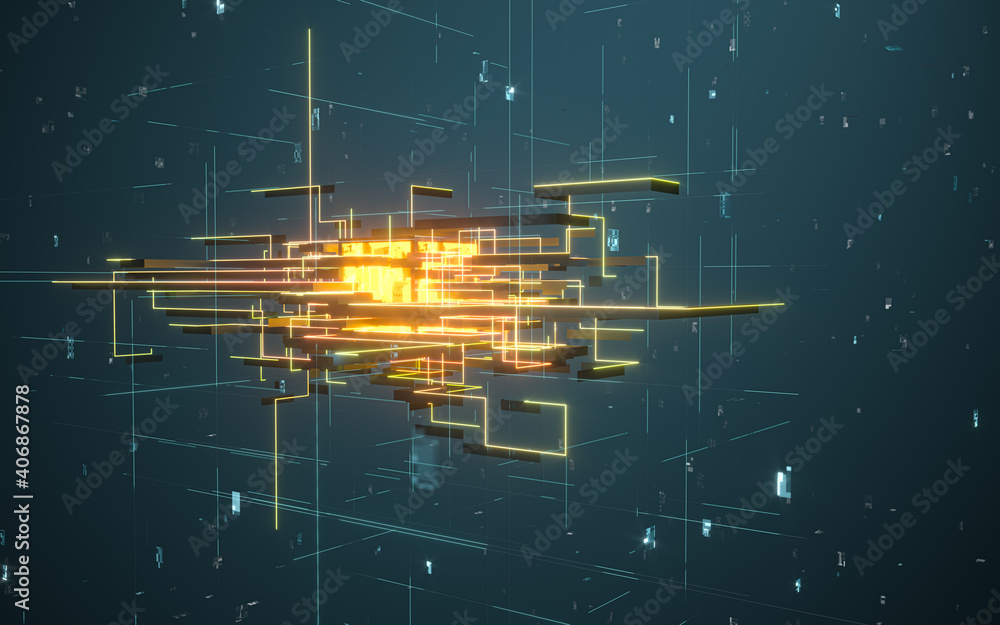 Poster glowing electronics lines with circuit structure, 3d rendering.