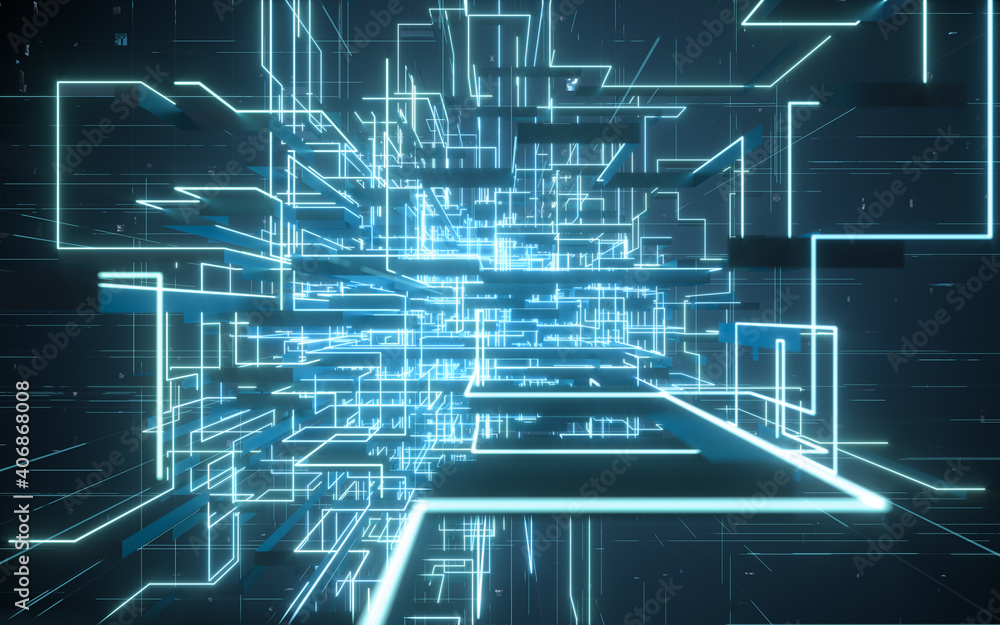 Poster glowing electronics lines with circuit structure, 3d rendering.