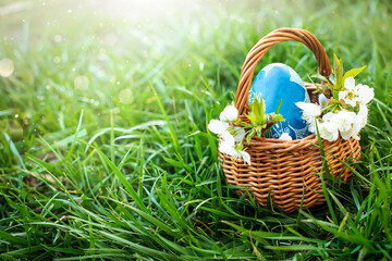 Easter egg in a small basket. Branches of cherry blossoms at Easter. Spring religious vacation concept. Easter egg hunt. Copy space