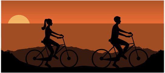 Silhouette of happy young couple riding bicycles on sunset background vector illustration. Loving couple, healthy lifestyle and exercise concept