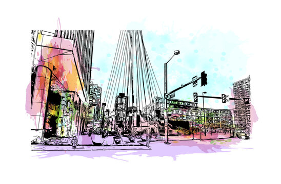 watercolor city scene with bridge and buildings clip art preview