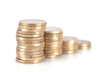 A row of decreasing euro coins on a white background