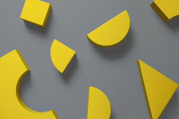Zusammensetzung gelber geometrischer Formen auf grauem Hintergrund. Farben des Jahres 2021 Pantone Illuminating und Ultimate Grey © Евгения Рубцова