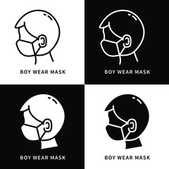 Boy Wear Mask Logo. Corona Virus Prevention. Pandemic Protection Infographic Design Vector Icons Set