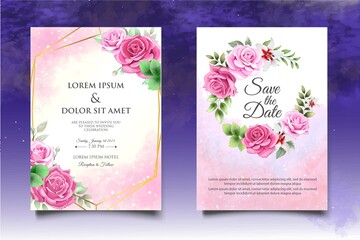 Wedding invitation card with beautiful flowers and leaves