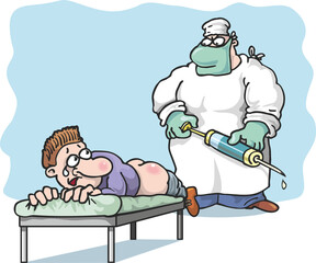 The doctor holds an injection with a vaccine in his hands, the patient is lying on the couch, afraid. Prevention and treatment of influenza and coronavirus. Flat infographics. Vector illustration