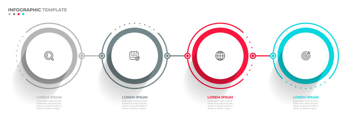 Business infographic thin line process with circle template design with icons and 4 options or steps. Can be used for presentations banner, workflow layout, annual report, flow chart, web design.