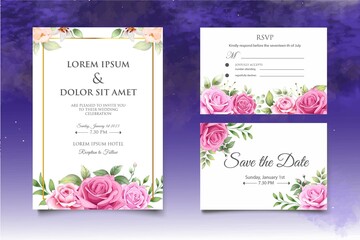 Wedding invitation card with beautiful flowers and leaves