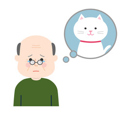 Elderly man dealing with the death of his pet cat. Vector illustration isolated on white background.