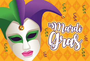 mardi gras carnival lettering with jester female mask © Jemastock