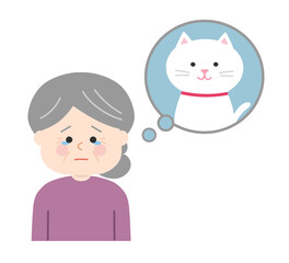 Elderly woman dealing with the death of her pet cat. Vector illustration isolated on white background.