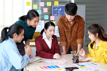 Brainstorm planing creative asian teamwork, Group of asia mobile phone app developer team meeting...