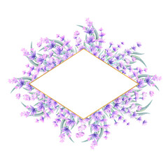 Lavender flowers in a diamond-shaped gold frame. Hand-drawn watercolor illustration. For invitations, greeting cards, prints, posters, advertising.
